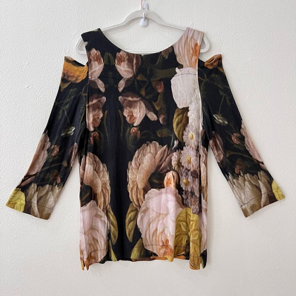Soft Surroundings Women’s XL Black Floral Print Open Cold Shoulder Midi Dress